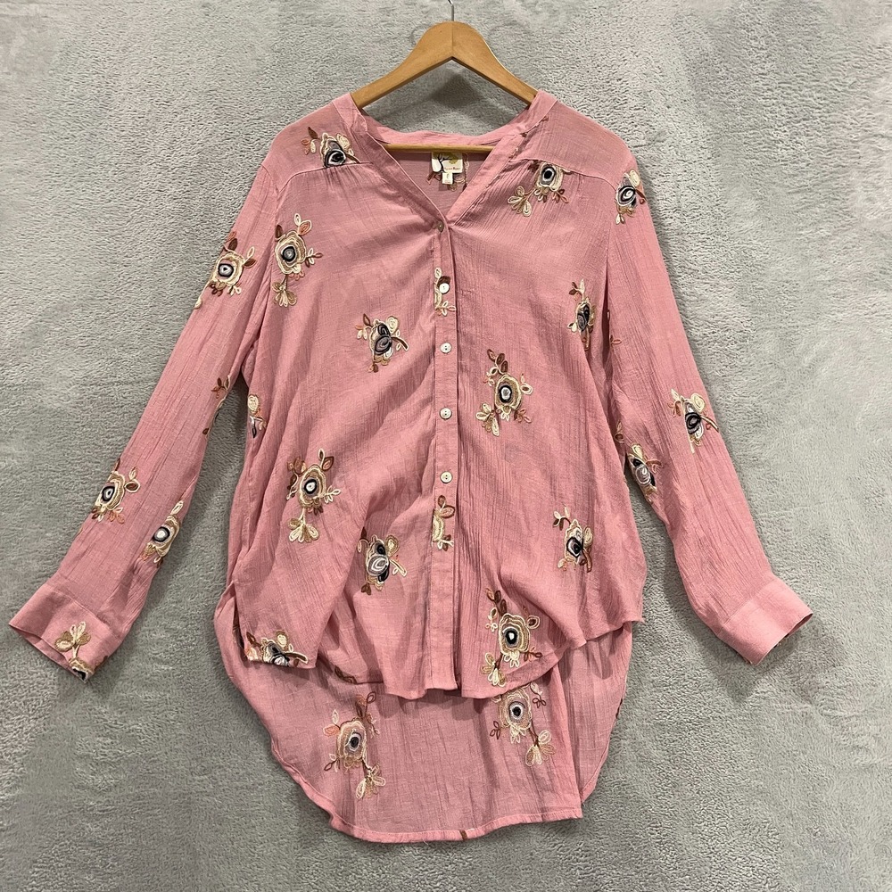 Fig and Flowe Button Up Womens Large Pink‎ Roll Tab Sleeves Boho Hippie
